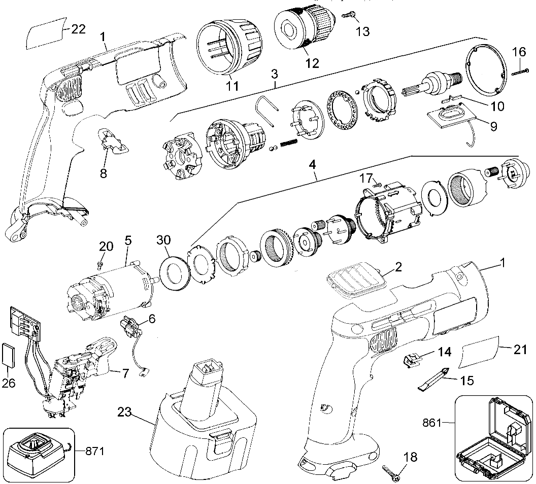 Default Diagram and Parts List for 2861K-2 Type 1 Black and Decker Boring Machine